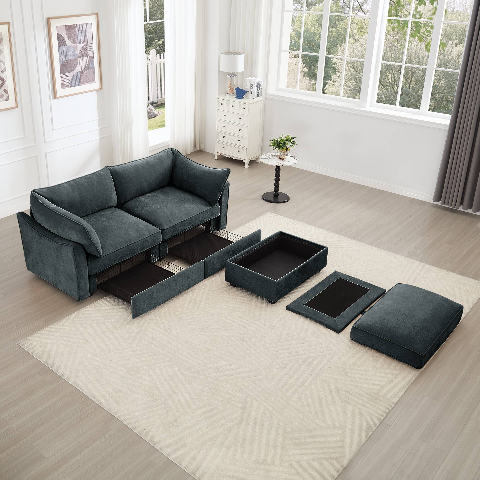 Left. Aukfa - 2-Seater Sofa with Storage Footstool - Crescent-Shaped Armrests, Chenille Fabric, Wraparound Cushions - Gray.