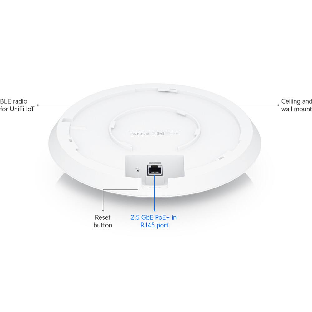 - BLE radio for UniFi IoT
- Ceiling and wall mount
- Reset button
- 2.5 GbE PoE+ in RJ45 port