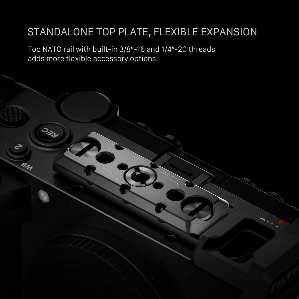 STANDALONE TOP PLATE, FLEXIBLE EXPANSION

Top NATO rail with built-in 3/8"-16 and 1/4"-20 threads adds more flexible accessory options.
