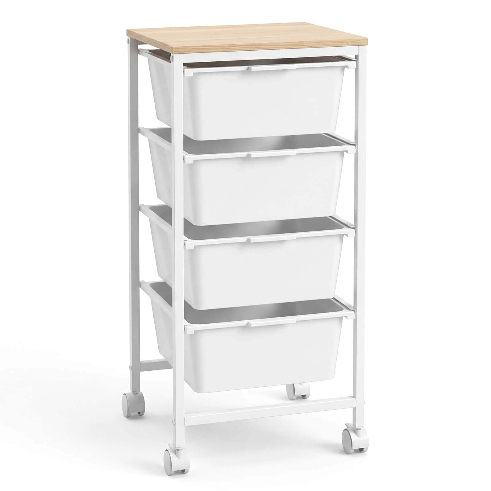 Costway - 4-Drawer Arts Rolling Storage Cart with Wooden Tabletop & Lockable Wheels for Office - Natural + White