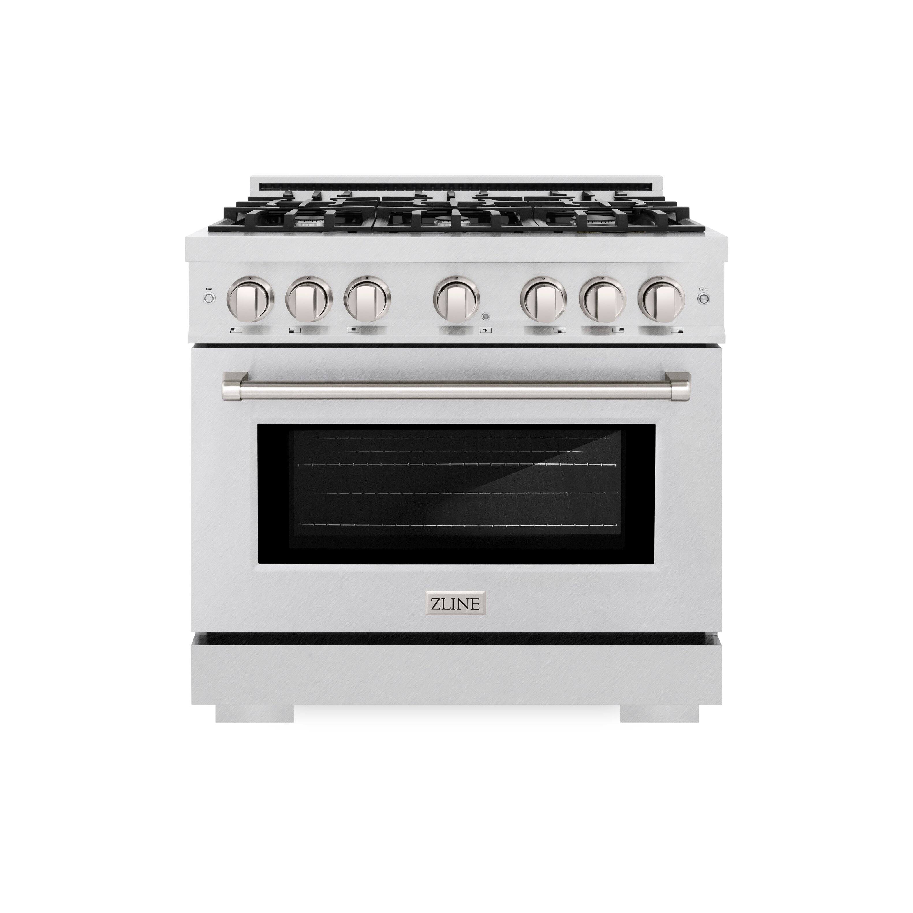Left. ZLINE - ZLINE 36 in. 5.2 cu. ft. Freestanding Select Gas Range with 6 Burners and Convection Oven - Satin Stainless Steel.