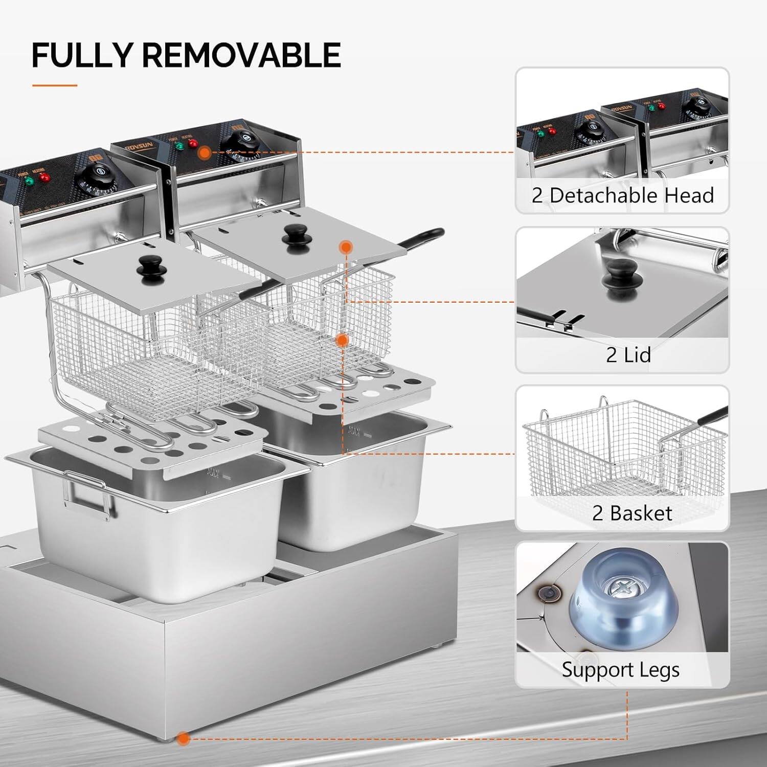 FULLY REMOVABLE

- 2 Detachable Head
- 2 Lid
- 2 Basket
- Support Legs