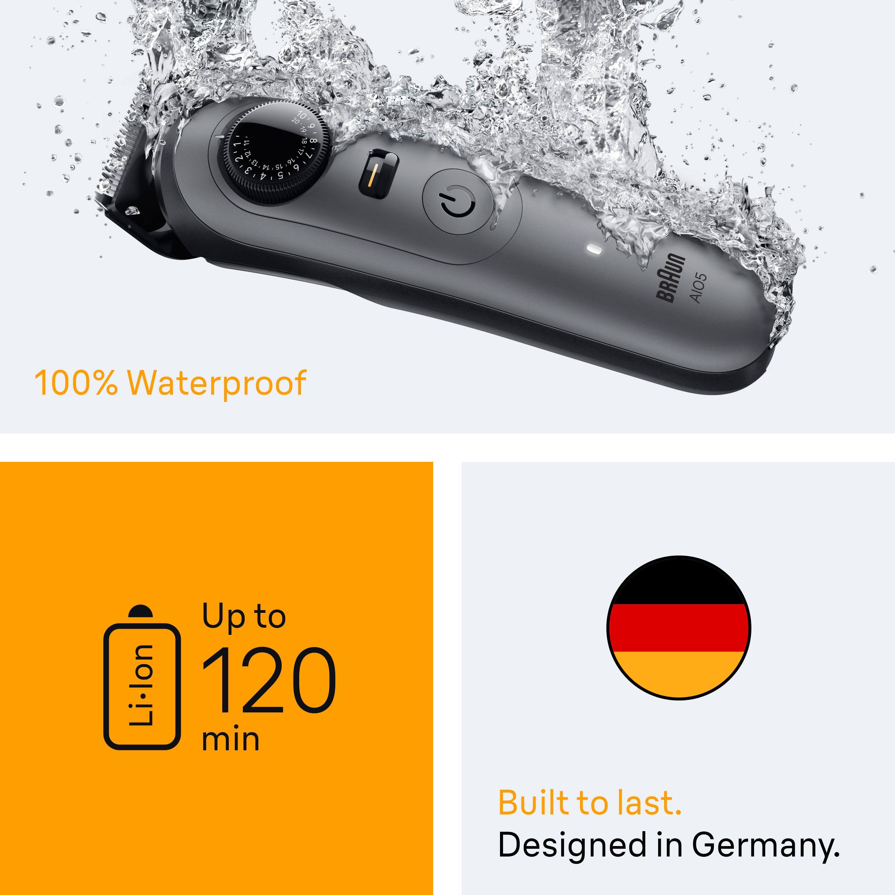 1 = 1 e E 7 10 20 O 1 a - d 7 4 1 4 g I G BRAUN AI05 100% Waterproof Li-lon Up to 120 min Built to last. Designed in Germany.