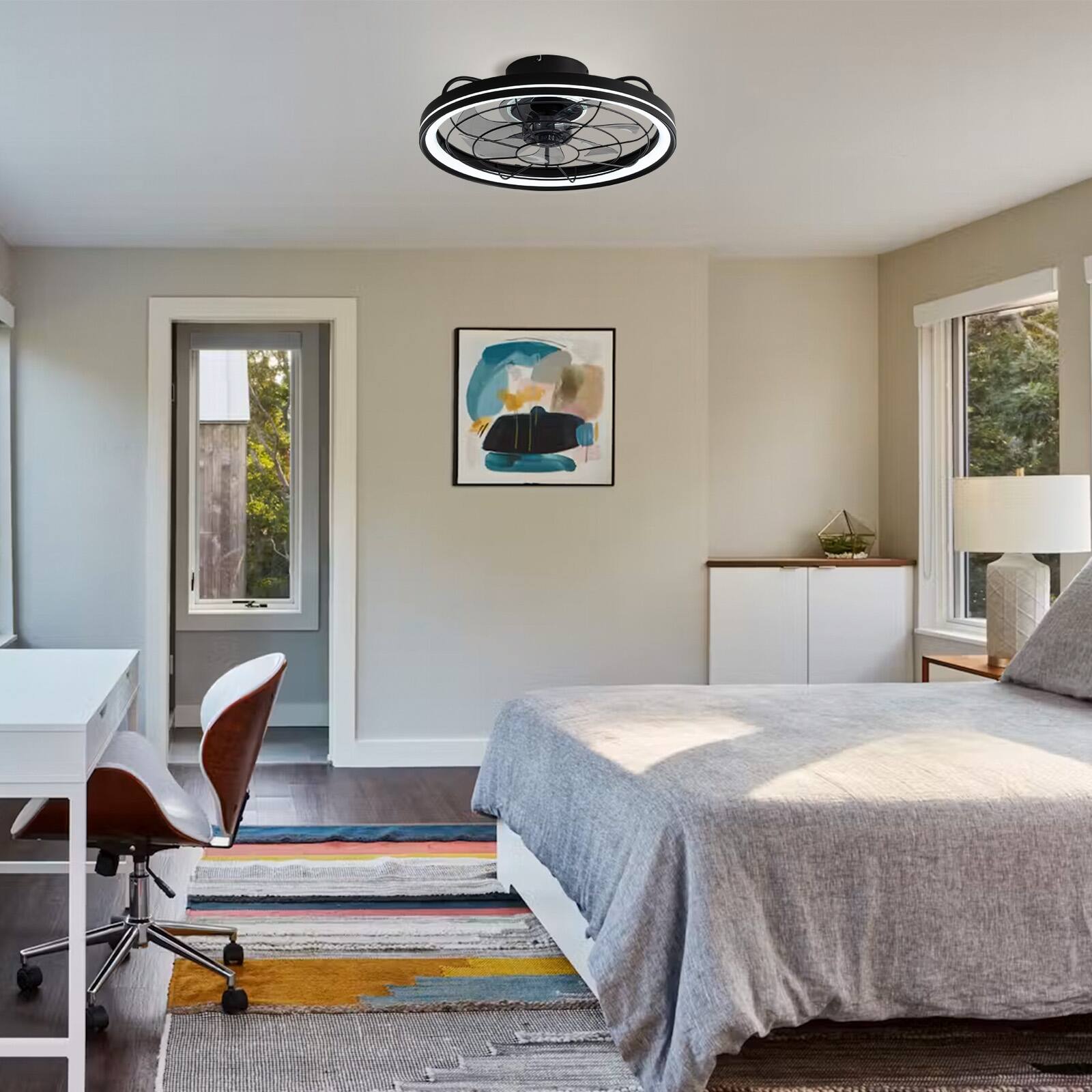 Alt View 4. Siljoy - 20-in Modern Black Caged Ceiling Fan with LED Light Remote App Control 6 Speed Reversible DC Motor - Black.