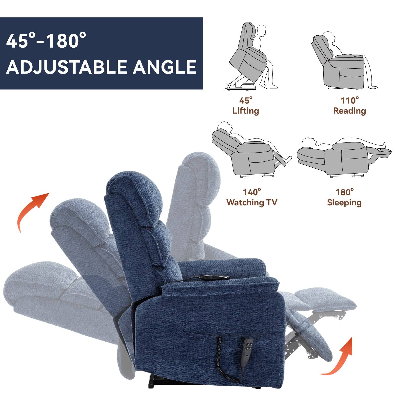 45°–180° Adjustable Angle

45° Lifting  
110° Reading  
140° Watching TV  
180° Sleeping