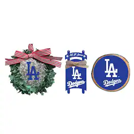 The Memory Company - Los Angeles Dodgers Three-Pack Wreath, Sled & Circle Ornament Set - Multicolor