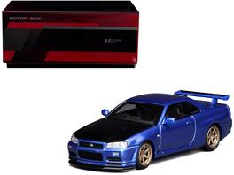 Nissan Skyline GT-R (R34) V-Spec II RHD Bayside Blue Metallic with Carbon Hood "Senior 64" 1/64 Model Car by MotorHelix