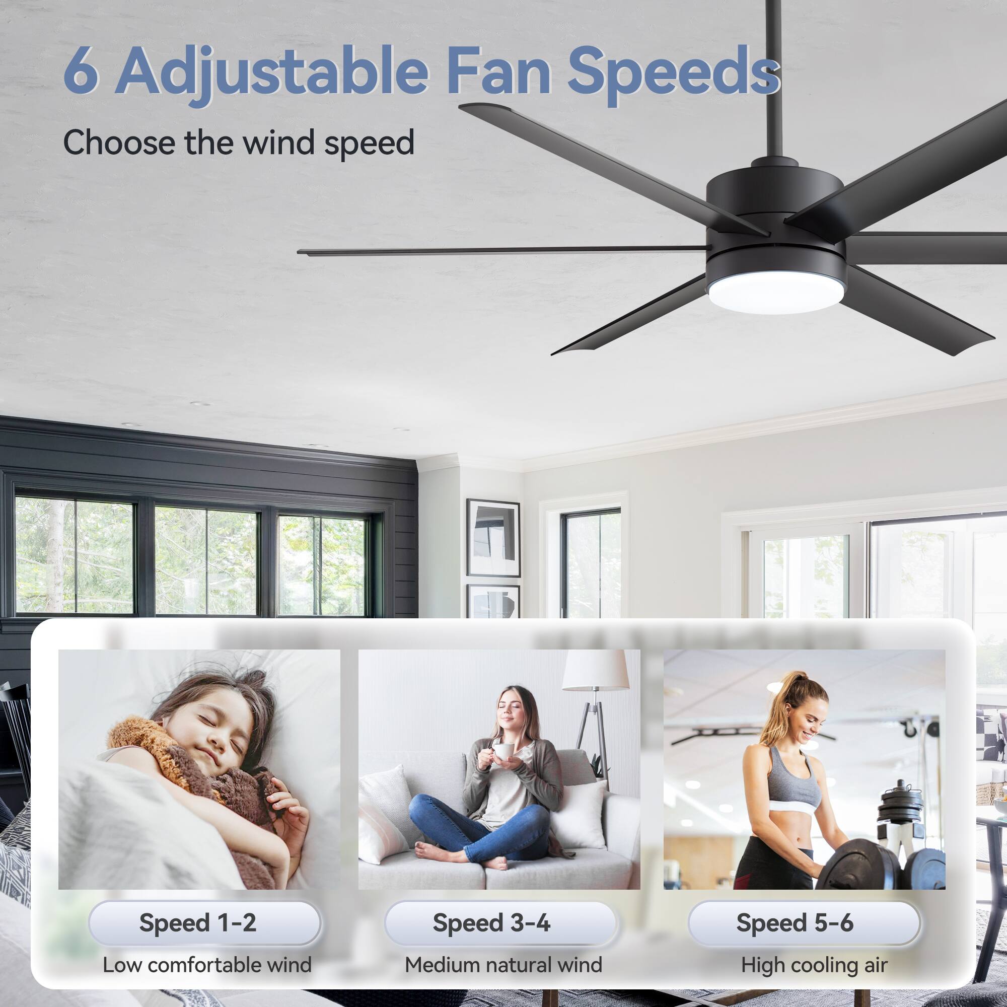 6 Adjustable Fan Speeds

Choose the wind speed

Speed 1-2 Low comfortable wind

Speed 3-4 Medium natural wind

Speed 5-6 High cooling air