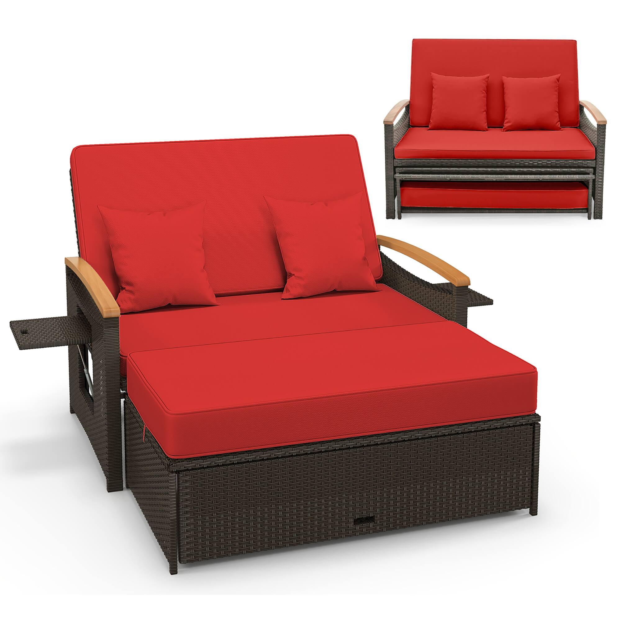 Alt View 9. Gymax - Gymax Patio Rattan Daybed Set w/ Cushioned Loveseat & Storage Ottoman - Mix Brown, Red.