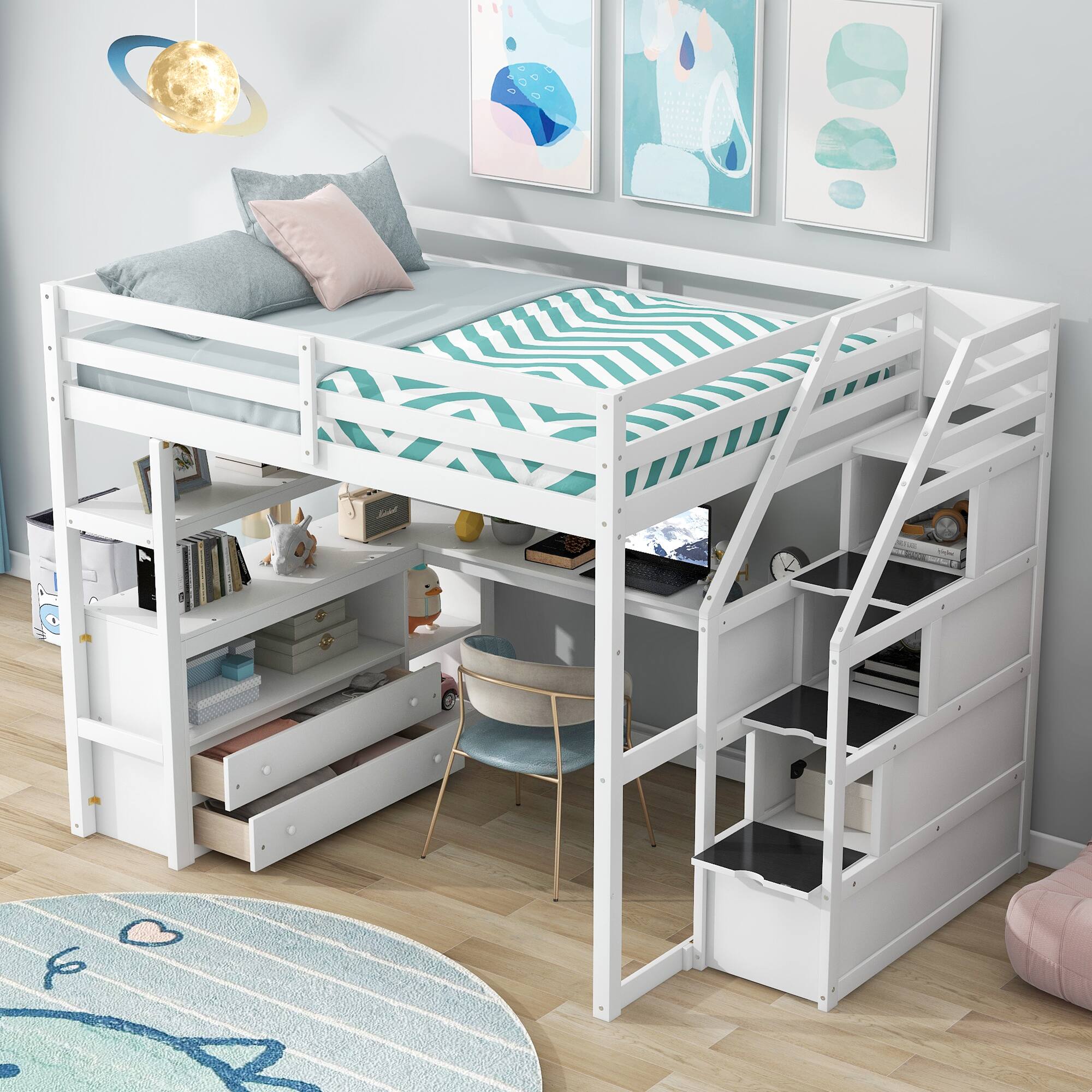 Left. Tiramisubest - Full Size Loft Bed with Desk, Shelves, Drawers & Storage Staircase, White Pine Wood - White.