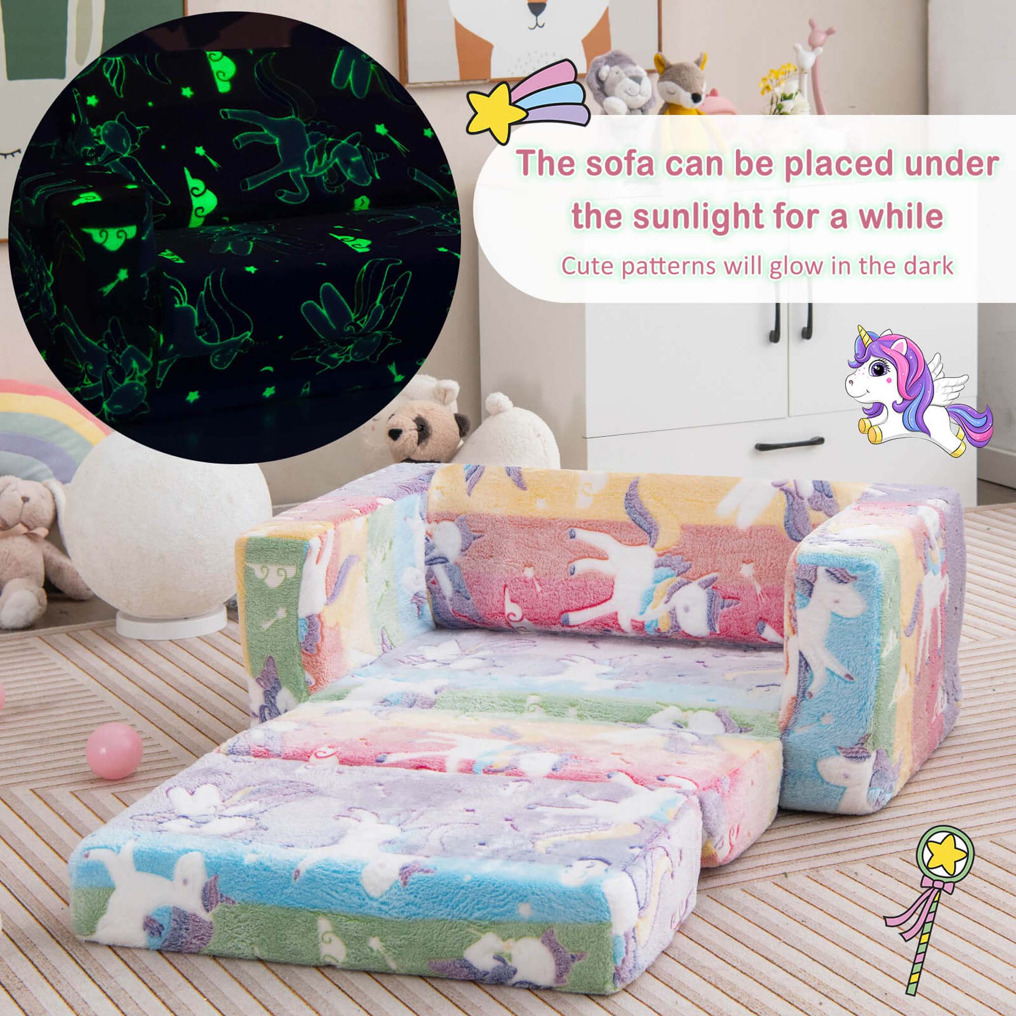 The sofa can be placed under the sunlight for a while, as cute patterns will glow in the dark.