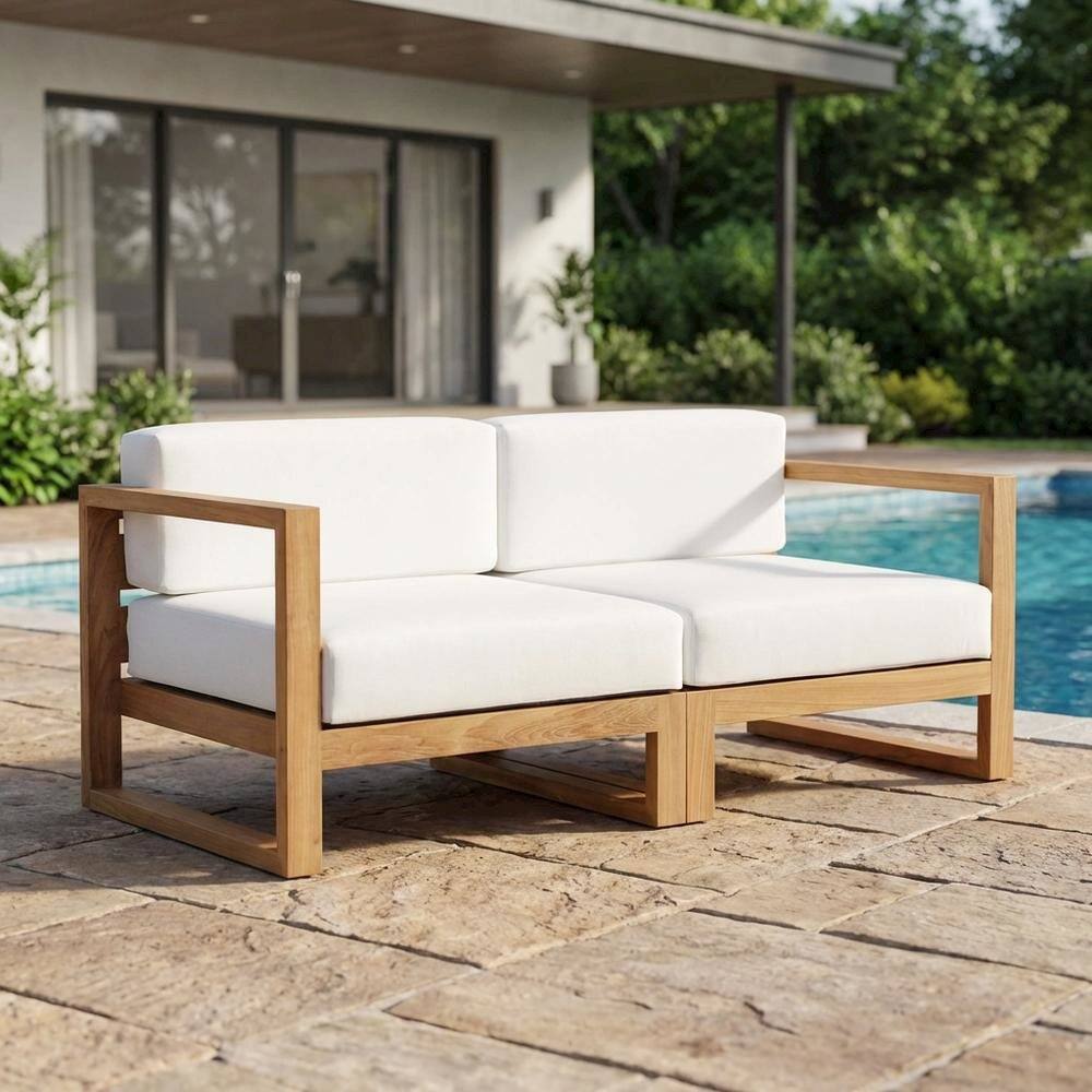 Left. Outdoor Escape - Outdoor Patio Teak Wood Sectional Sofa Loveseat with Armrests - White.