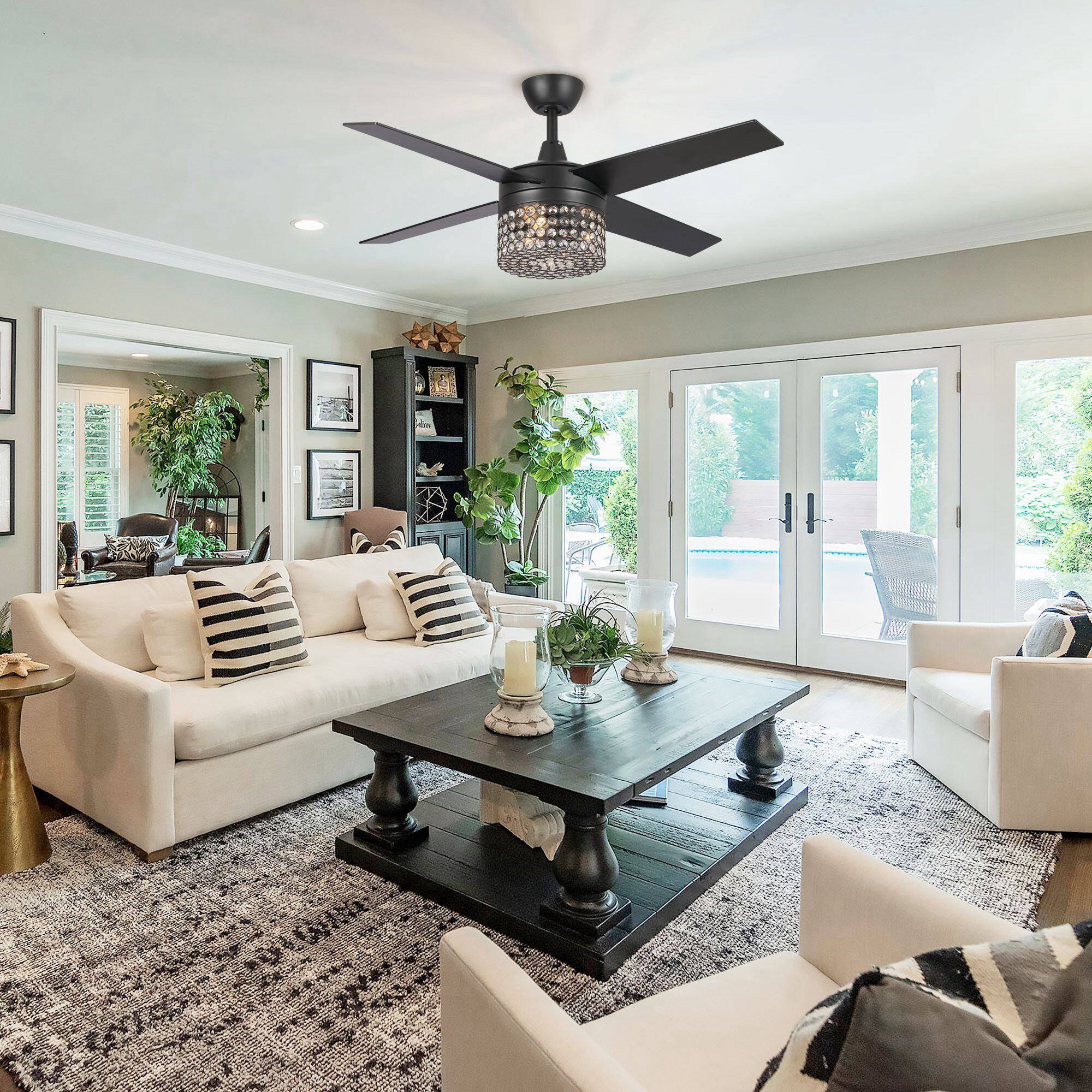 Back. Parrot Uncle - 48" Black Wood 4-Blade Crystal Fandelier Ceiling Fan with Remote and Light - Black.