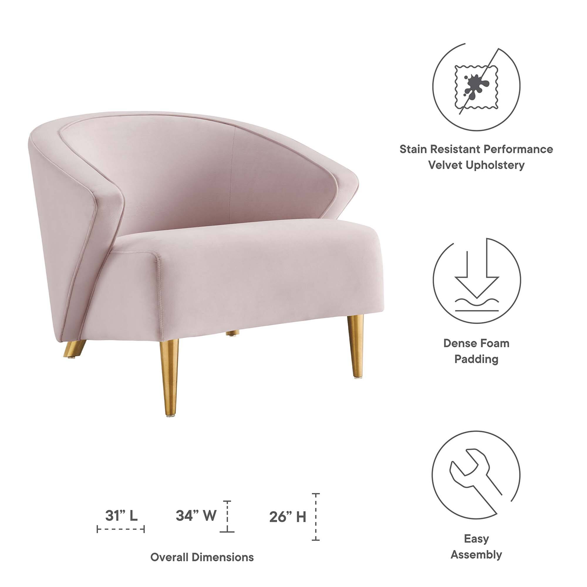 - Stain Resistant Performance Velvet Upholstery
- Dense Foam Padding
- Overall Dimensions: 31" L x 34" W x 26" H
- Easy Assembly
