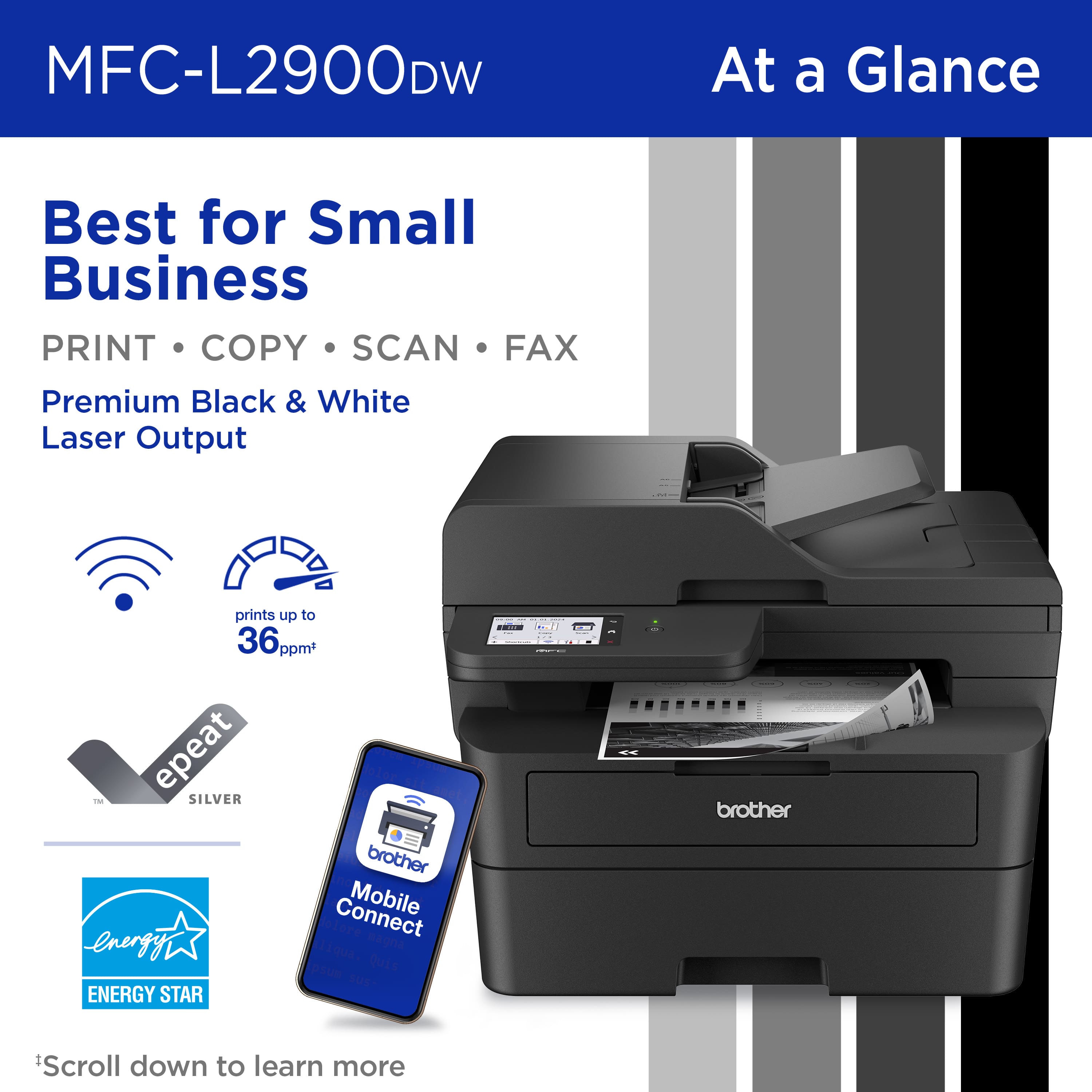 MFC-L2900DW At a Glance: Best for Small Business
PRINT, COPY, SCAN, FAX
Premium Black & White Laser Output
Prints up to 36 ppm
Energy Star Certified
Brother Connect Mobile
Energy Star qualified
*Scroll down to learn more