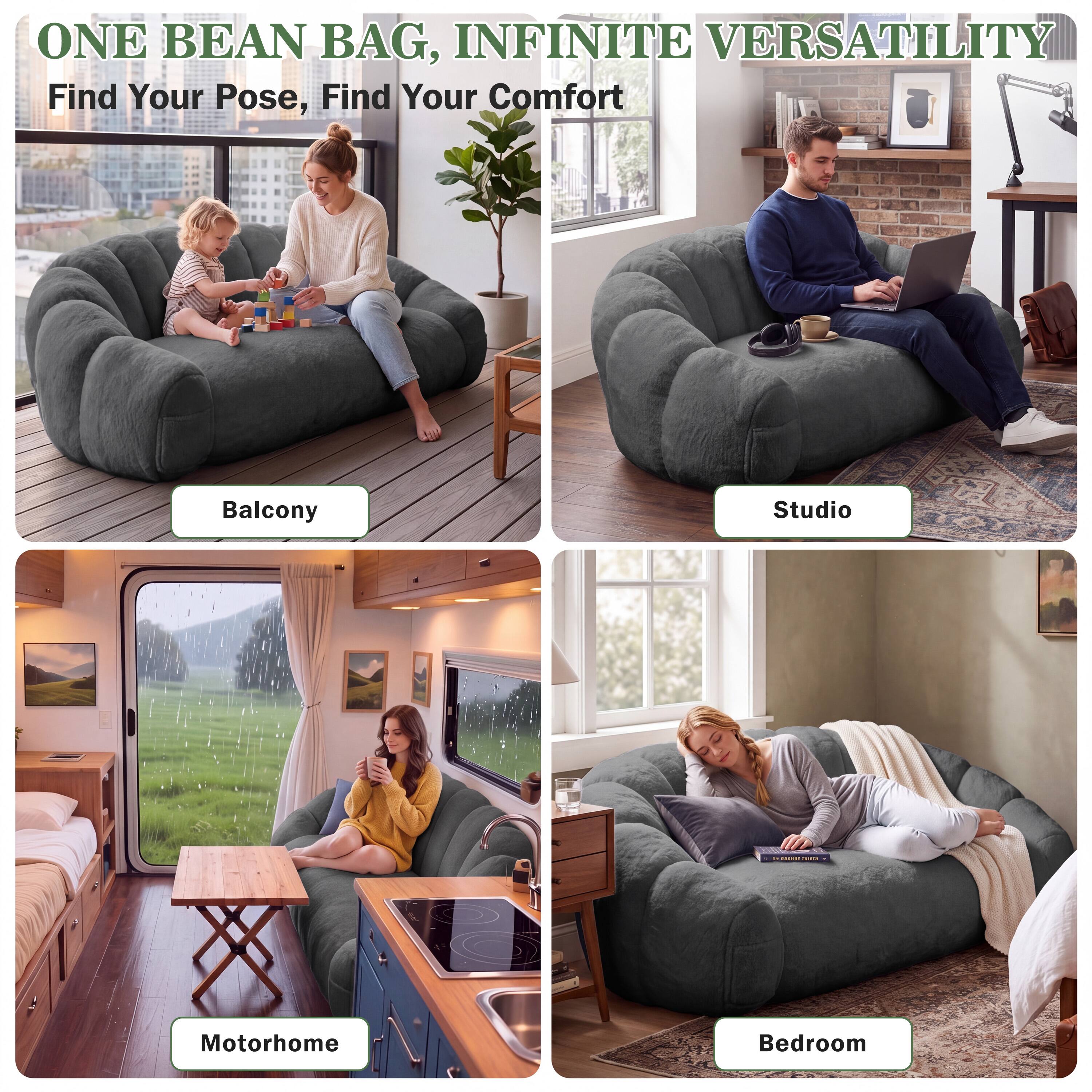 ONE BEAN BAG, INFINITE VERSATILITY  
Find Your Pose, Find Your Comfort

Balcony  
Studio  
Motorhome  
Bedroom
