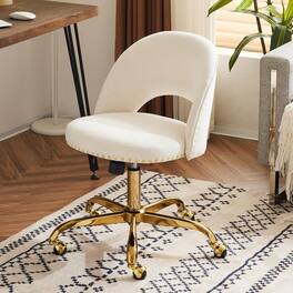 Winado - Modern Velvet Cute Desk Chair with Wheels,Gold Base/Studs, Comfy Armless Swivel Vanity Task Nail Tech Chair for Bedroom - White