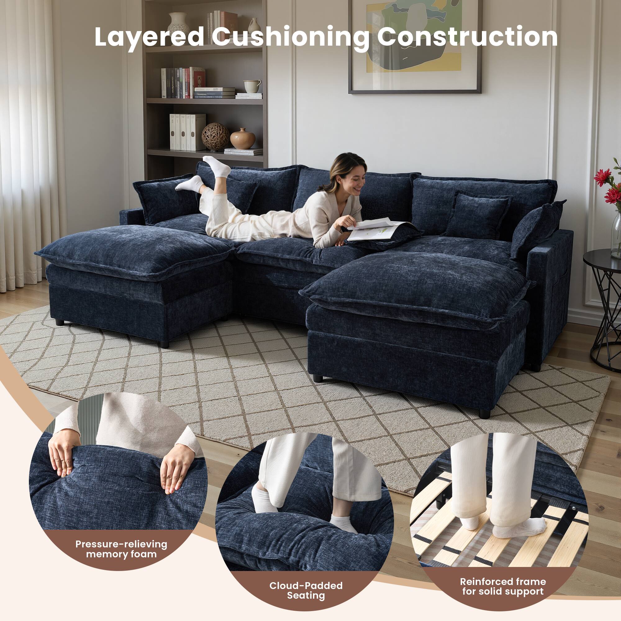 Layered Cushioning Construction  
Pressure-relieving memory foam  
Cloud-Padded Seating  
Reinforced frame for solid support