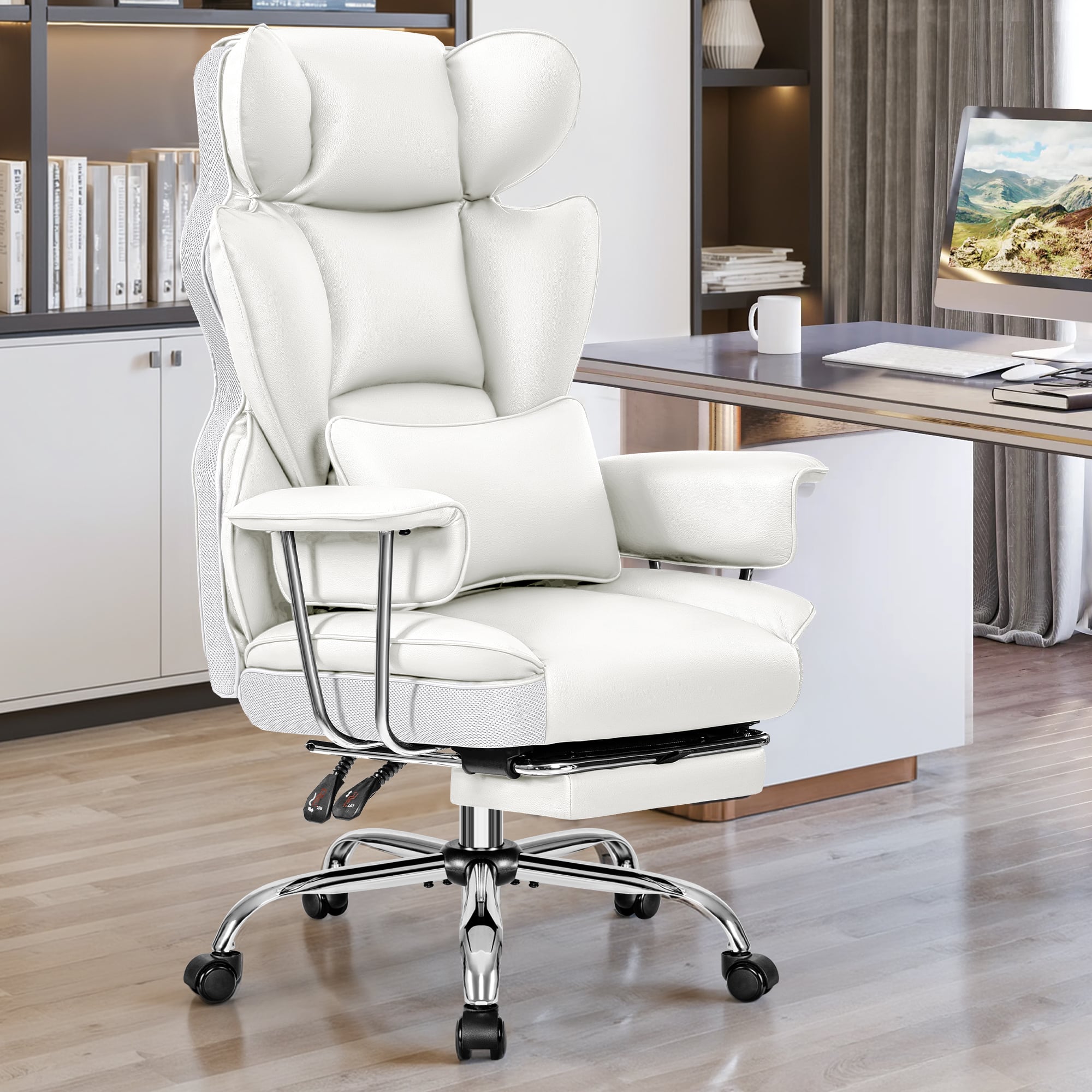 Brick Attic - 500LBS Executive Office Chair, Big&Tall Leather Gaming Chairs with Footrest and Lumbar Suppor,Adjustable Height Chairs - White