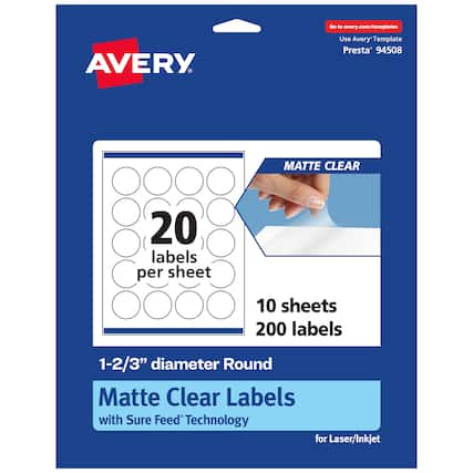 Go to avery.com/templates
Use Avery Template Presta® 94508
MATTE CLEAR
20 labels per sheet
10 sheets 200 labels
1-2/3" diameter Round Matte Clear Labels with Sure Feed® Technology for Laser/Inkjet