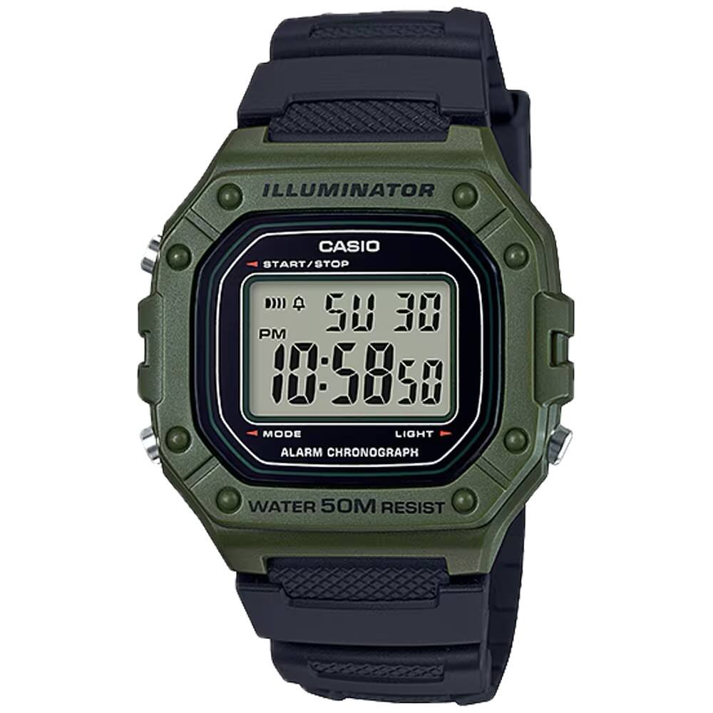 Casio - Men's Water-Resistant and Green Digital Watch - W-218H-3AVCF - Black