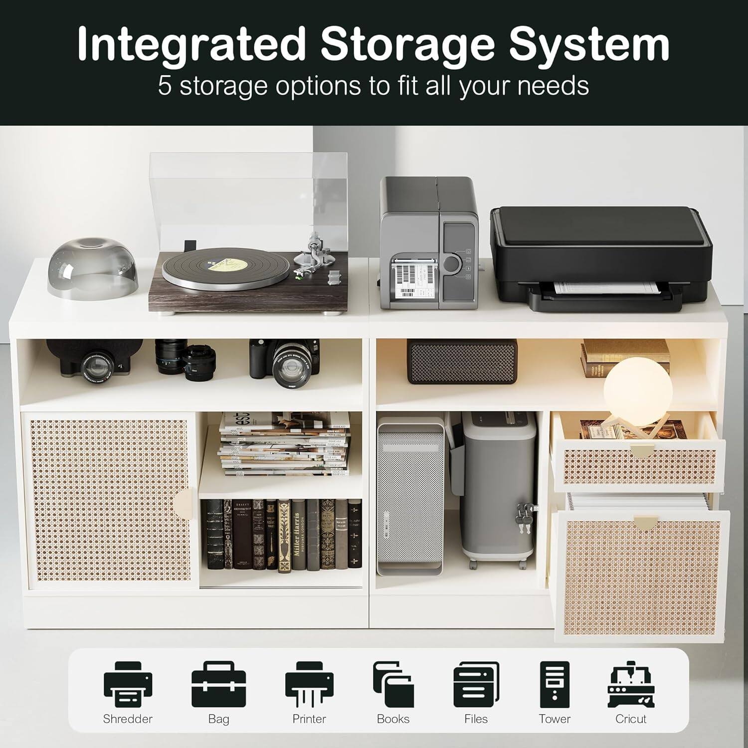 Integrated Storage System  
5 storage options to fit all your needs  

- Shredder  
- Bag  
- Printer  
- Books  
- Files  
- Tower  
- Cricut