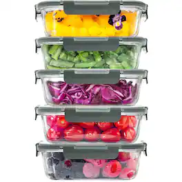 Zulay Kitchen - 5 Pack Airtight Premium Borosilicate Glass Food Storage Containers with Lids - Gray