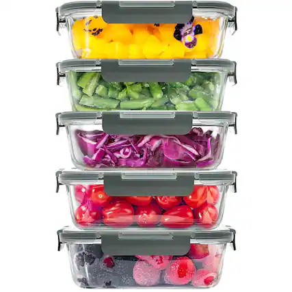 Front. Zulay Kitchen - Zulay Kitchen 5 Pack Airtight Premium Borosilicate Glass Food Storage Containers with Lids - Gray.