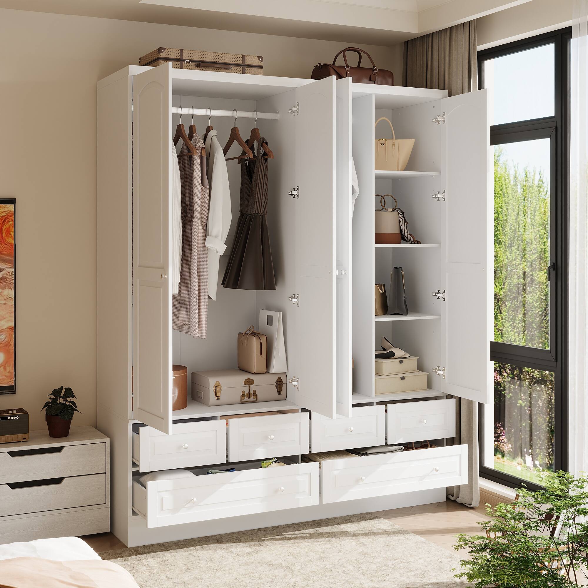 Back. FUFU & GAGA - Luxury Large Wardrobe Closet for Bedroom, Modern Home Storage Cabinet with Hanging Rods, Drawers & Shelves - White.