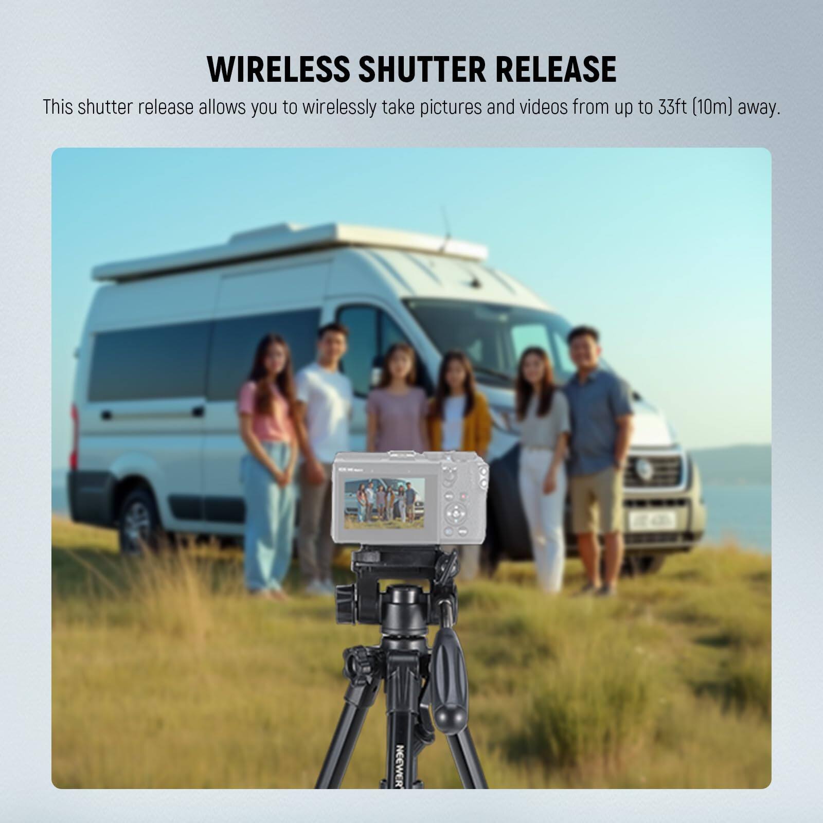 WIRELESS SHUTTER RELEASE

This shutter release allows you to wirelessly take pictures and videos from up to 33ft (10m) away.