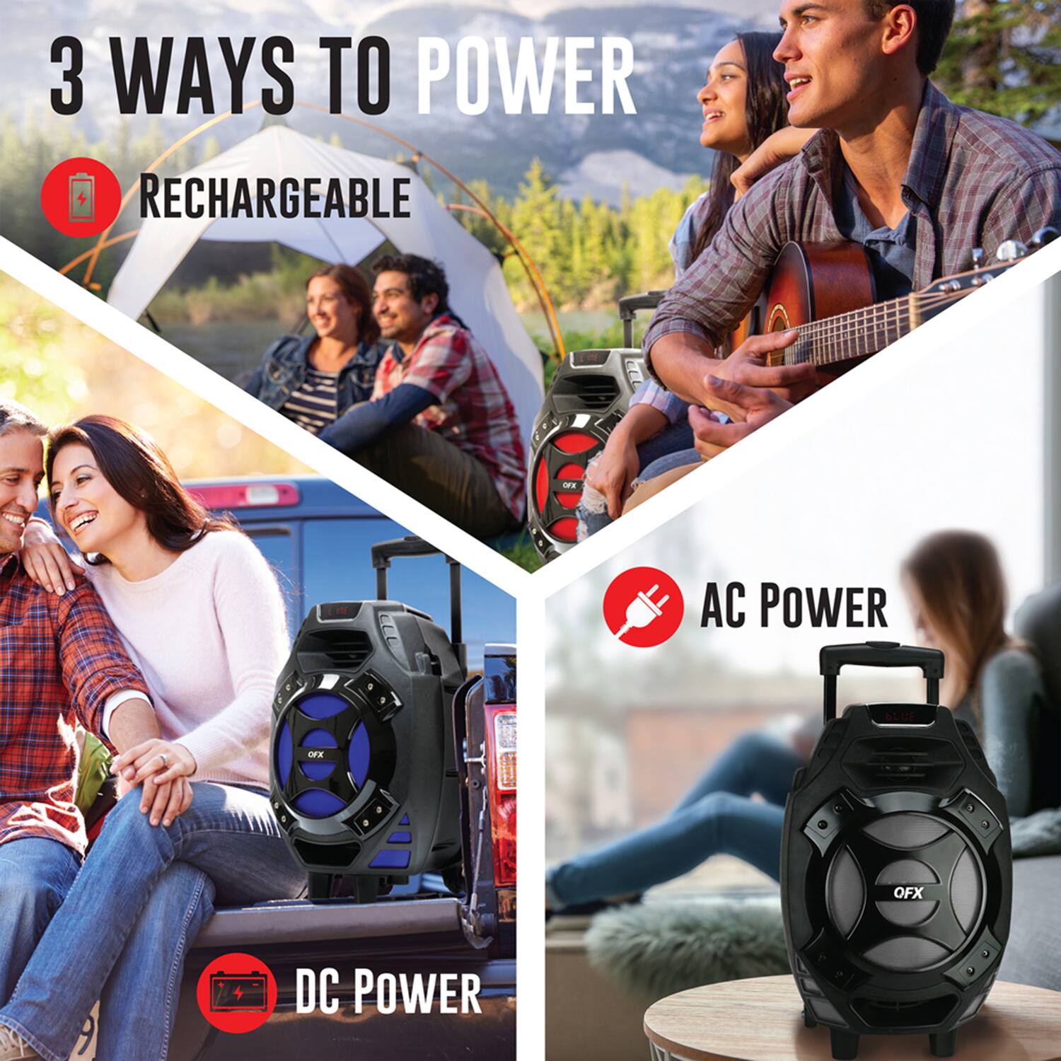 3 WAYS TO POWER

- RECHARGEABLE
- AC POWER
- DC POWER