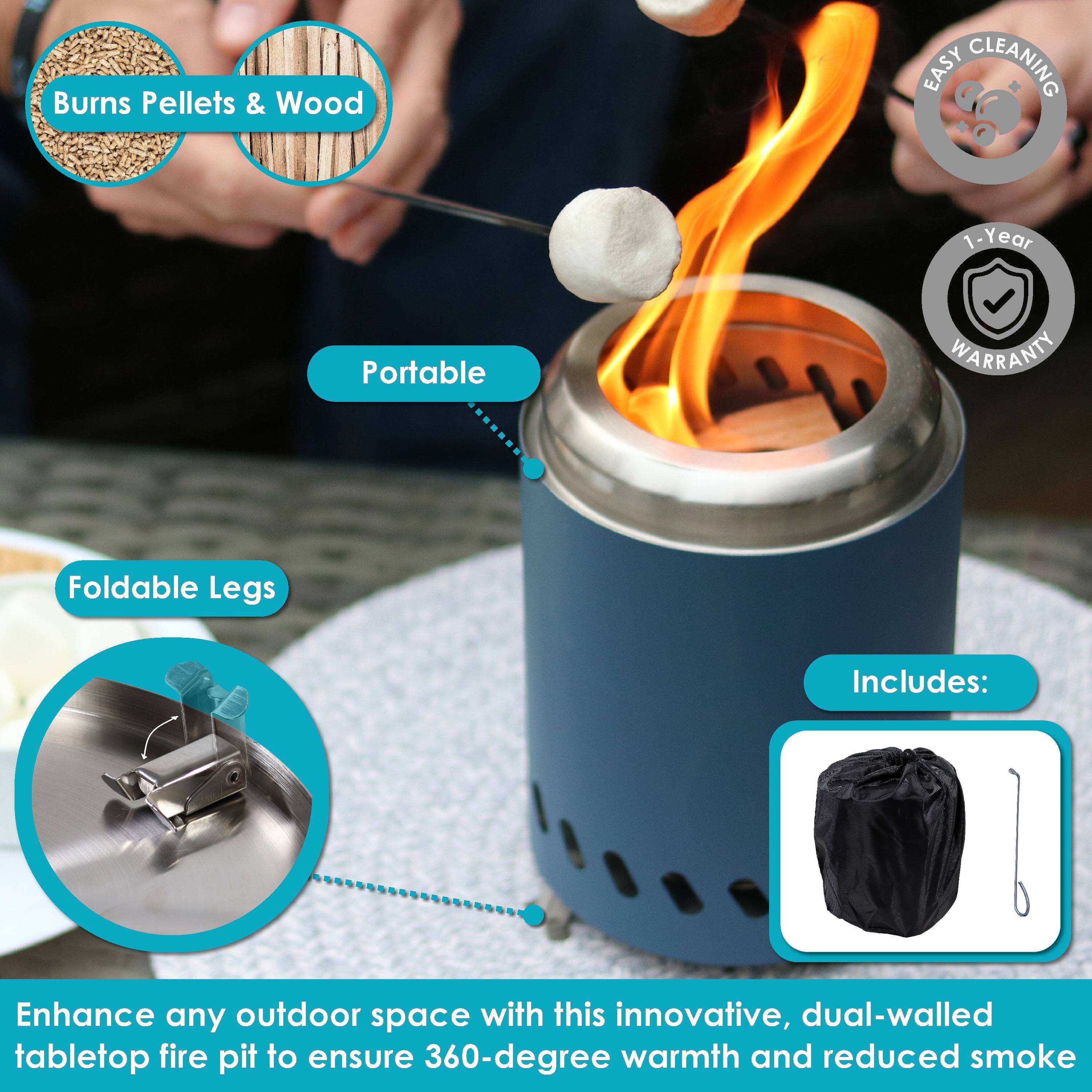 - Burns Pellets & Wood
- Portable
- Foldable Legs
- Easy Cleaning
- 1-Year Warranty
- Includes: (Image of a cover and tool)

Enhance any outdoor space with this innovative, dual-walled tabletop fire pit to ensure 360-degree warmth and reduced smoke.