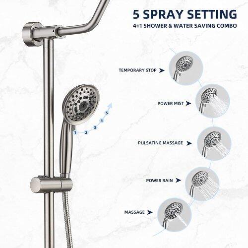 5 SPRAY SETTING  
4+1 SHOWER & WATER SAVING COMBO  

TEMPORARY STOP  
POWER MIST  
PULSATING MASSAGE  
POWER RAIN  
MASSAGE