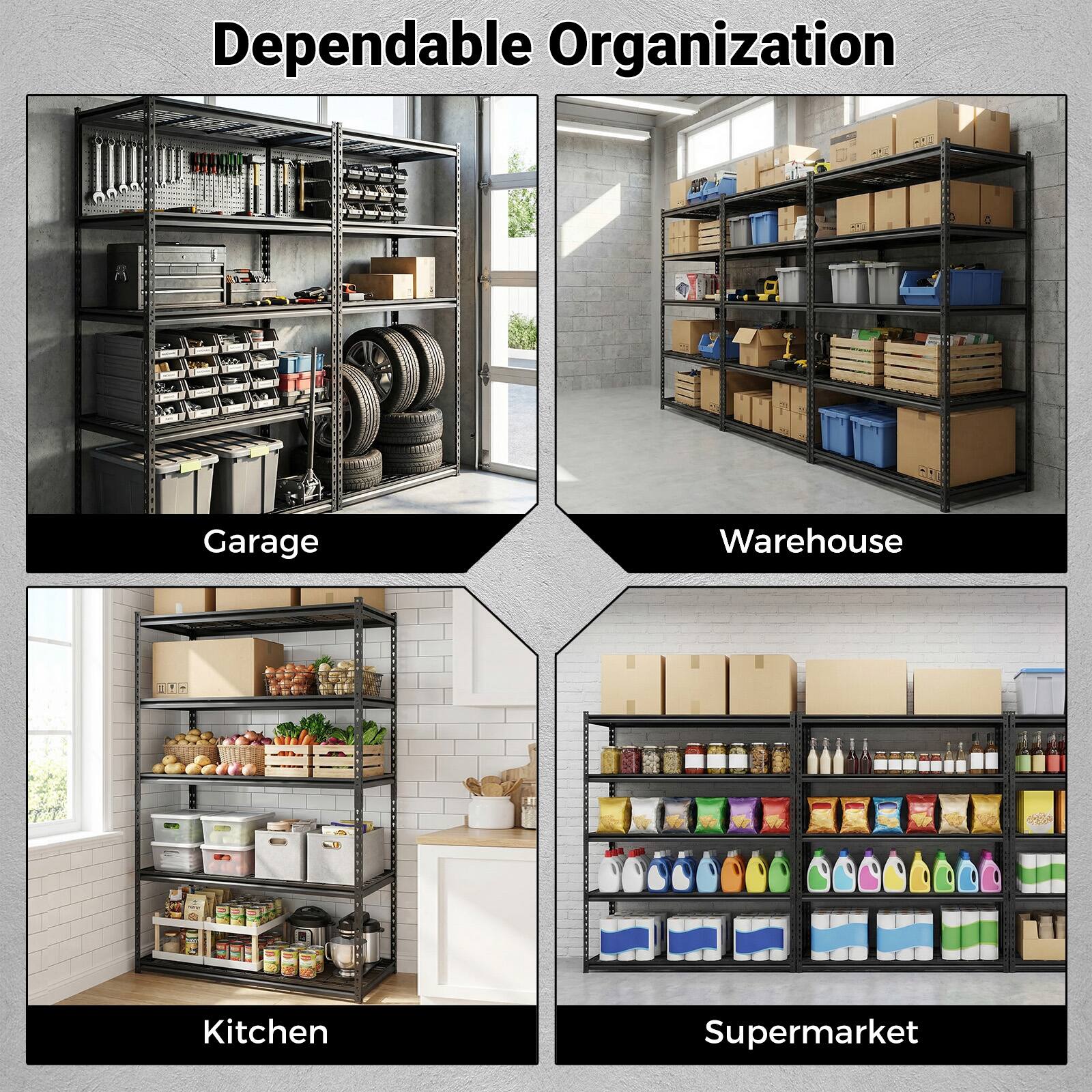 Dependable Organization

Garage  
Warehouse  
Kitchen  
Supermarket