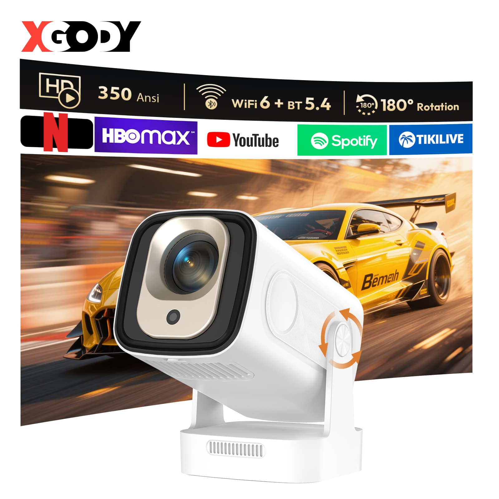 Xgody - Gimbal 5 Pro Portable Smart Projector, Full HD 1080P, 12000 Lumens, 5G WiFi, Android 11 Home Theater - White