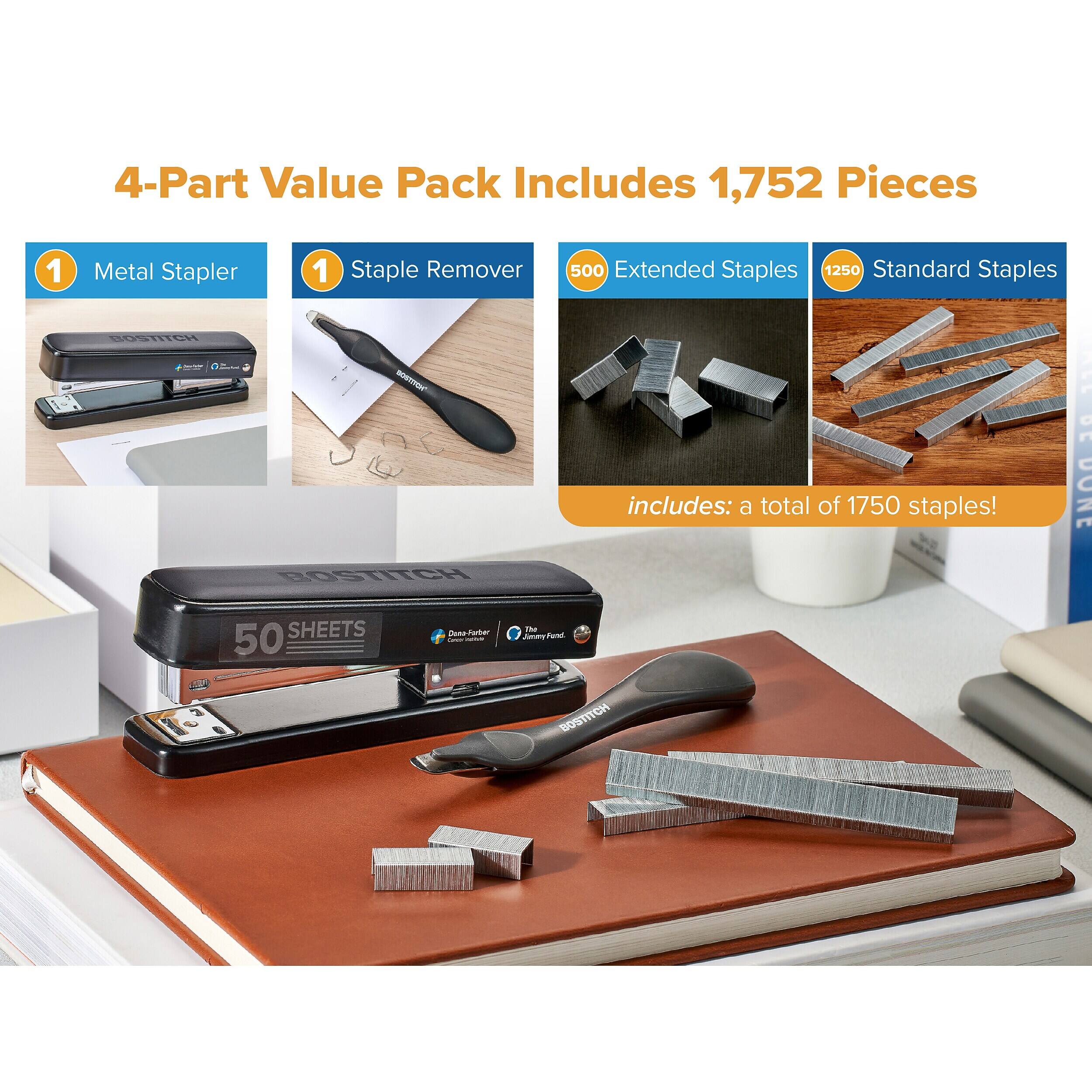 4-Part Value Pack Includes 1,752 Pieces

1 Metal Stapler
1 Staple Remover
500 Extended Staples
1250 Standard Staples

BOSTITCH

includes: a total of 1750 staples!