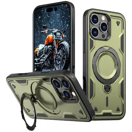 Front. Entronix - Entronix Magnetic Case for iPhone 16 Pro Max - Rugged Armor with Gripstand - Green.