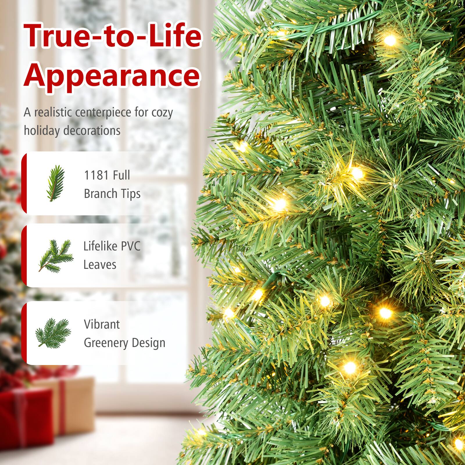 True-to-Life Appearance  
A realistic centerpiece for cozy holiday decorations  

1181 Full Branch Tips  
Lifelike PVC Leaves  
Vibrant Greenery Design