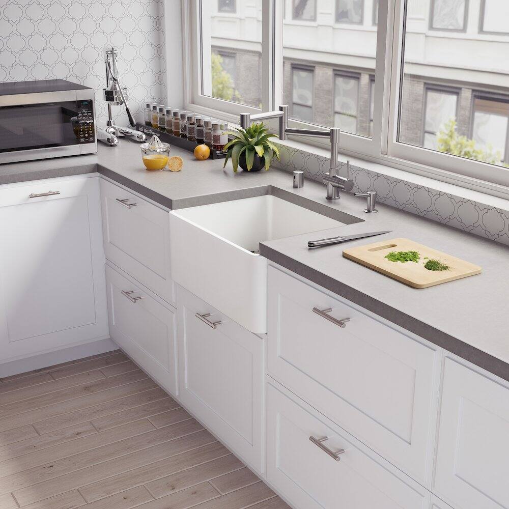 Back. Alfi - ABF2418 24" White Thin Wall Single Bowl Smooth Apron Fireclay Kitchen Farm Sink - White.