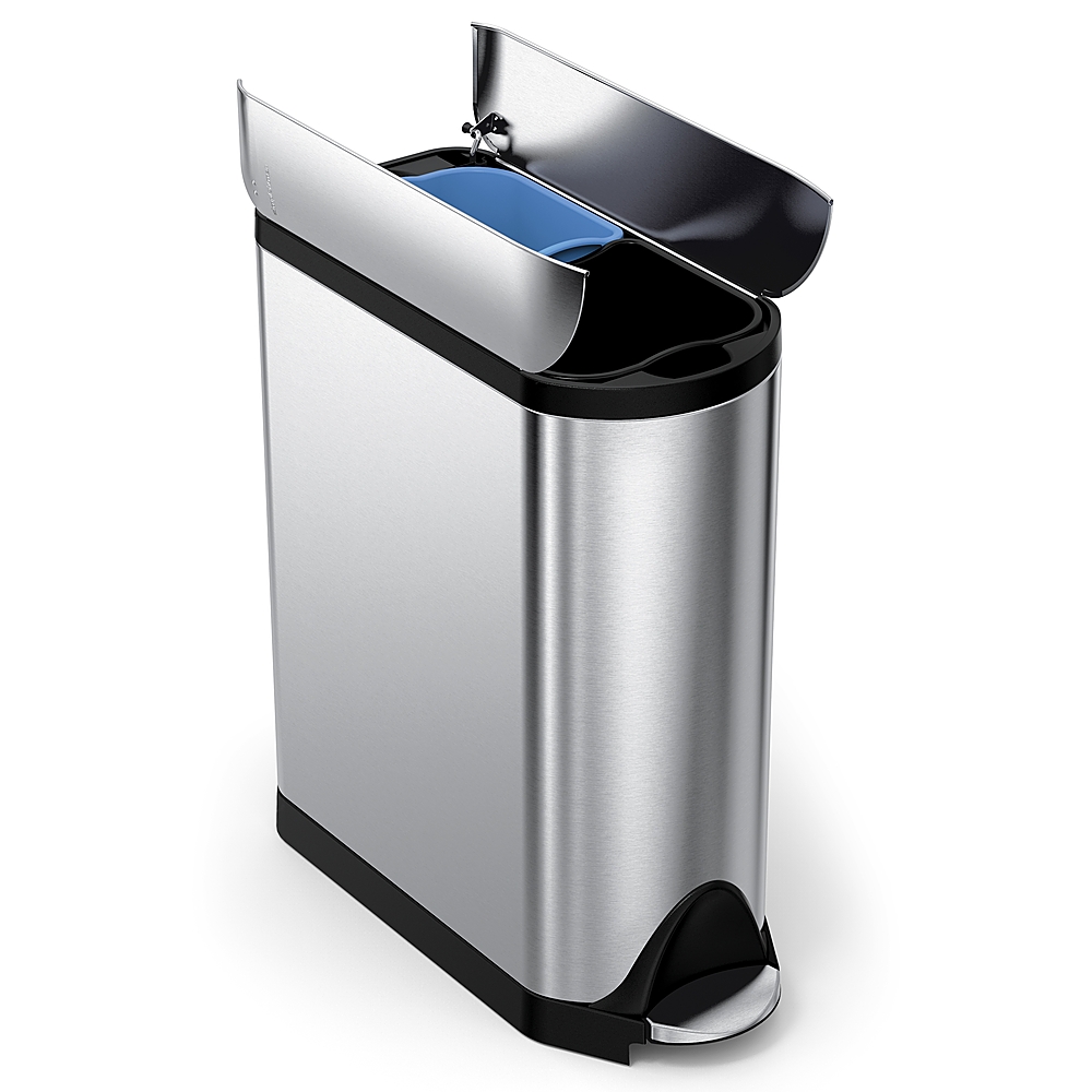 Angle View: simplehuman - 40 Liter Dual Compartment Butterfly Lid Kitchen Recycling Step Trash Can, Brushed Stainless Steel - Brushed Stainless Steel