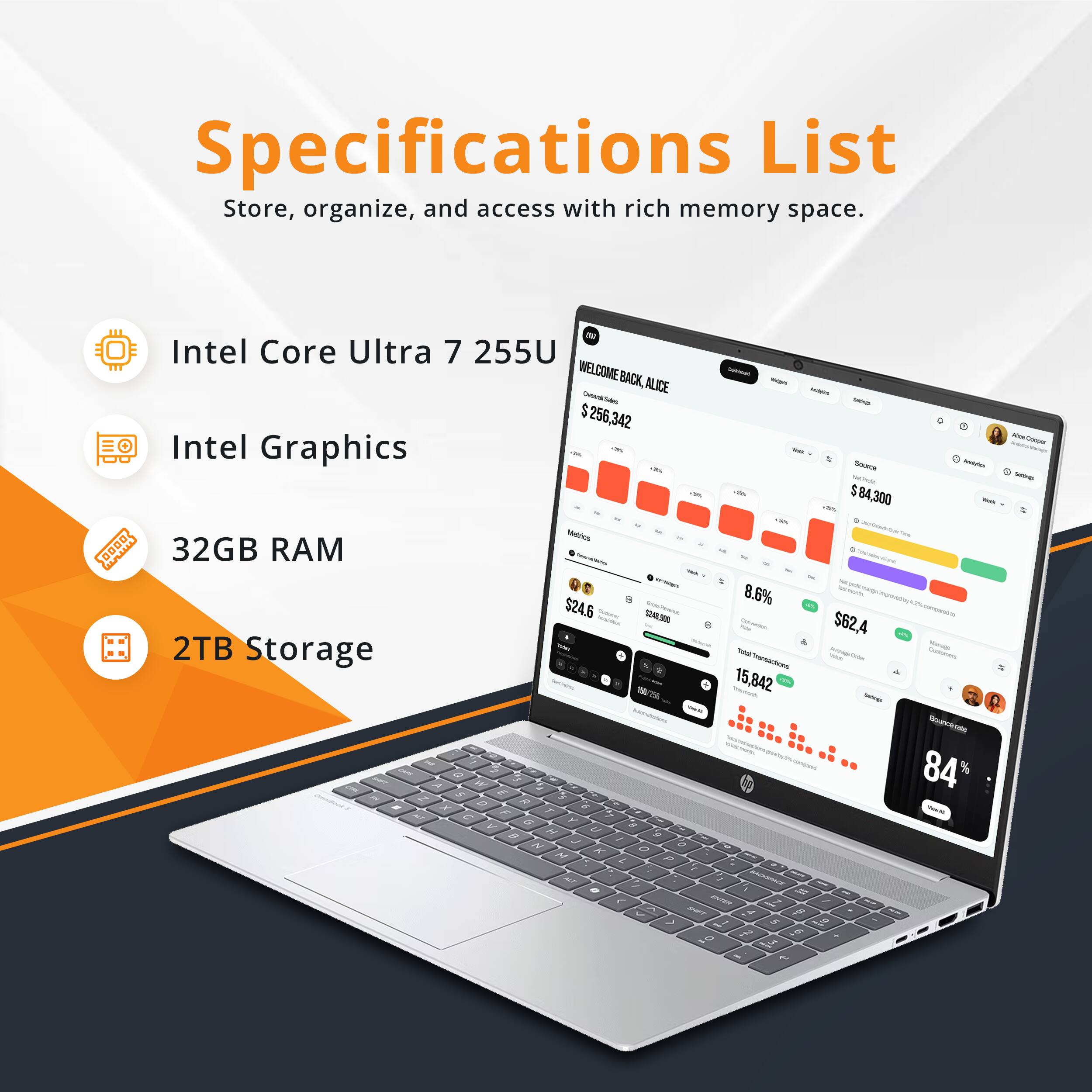 Specifications List  
Store, organize, and access with rich memory space.

- Intel Core Ultra 7 255U
- Intel Graphics
- 32GB RAM
- 2TB Storage

WELCOME BACK, ALICE  
$256,342

8.6%  
$84,300  
$24.6  
$62.4  
15,842  
84%