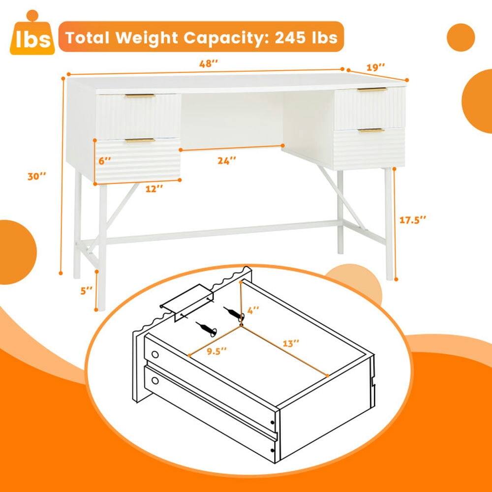 Total Weight Capacity: 245 lbs

Dimensions:
- 48" (length)
- 19" (width)
- 30" (height)
- 17.5" (drawer height)
- 12" (drawer width)
- 6" (drawer depth)
- 24" (distance between drawers)
- 5" (leg width)
- 4" (leg height)
- 9.5" (drawer front height)
- 13" (drawer front width)