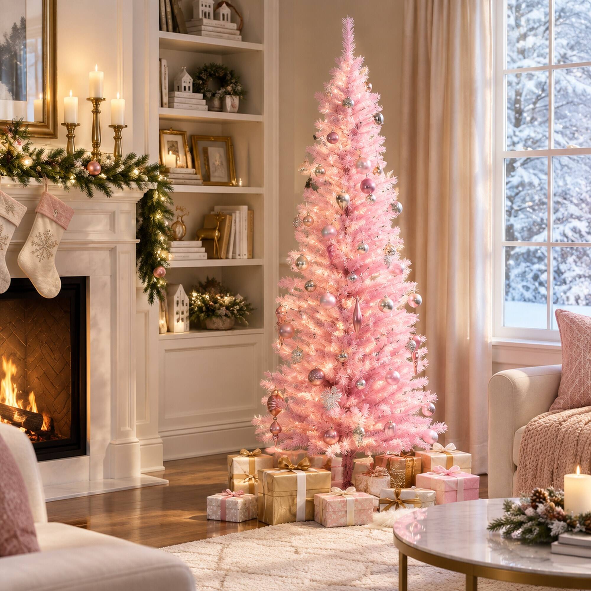 Left. RYHNUYNE - Pink Pencil Christmas Tree With Snowy Tips and Chic Holiday Style - Pink.