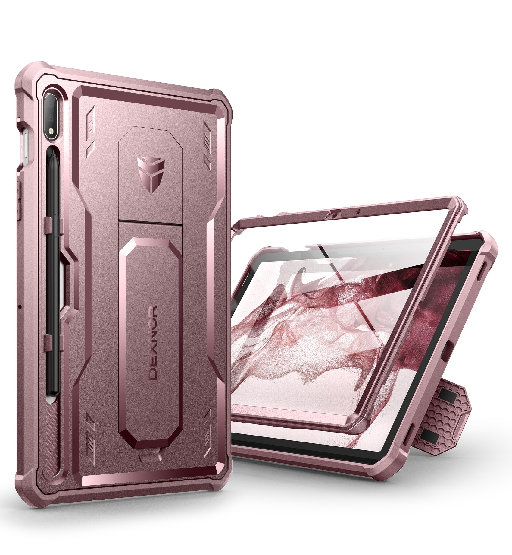 Dexnor - Case for Galaxy Tab S8/S7 with Screen Protector, Kickstand, Pen Holder, Heavy Duty Shockproof Full Body Protective Cover - Peony Pink