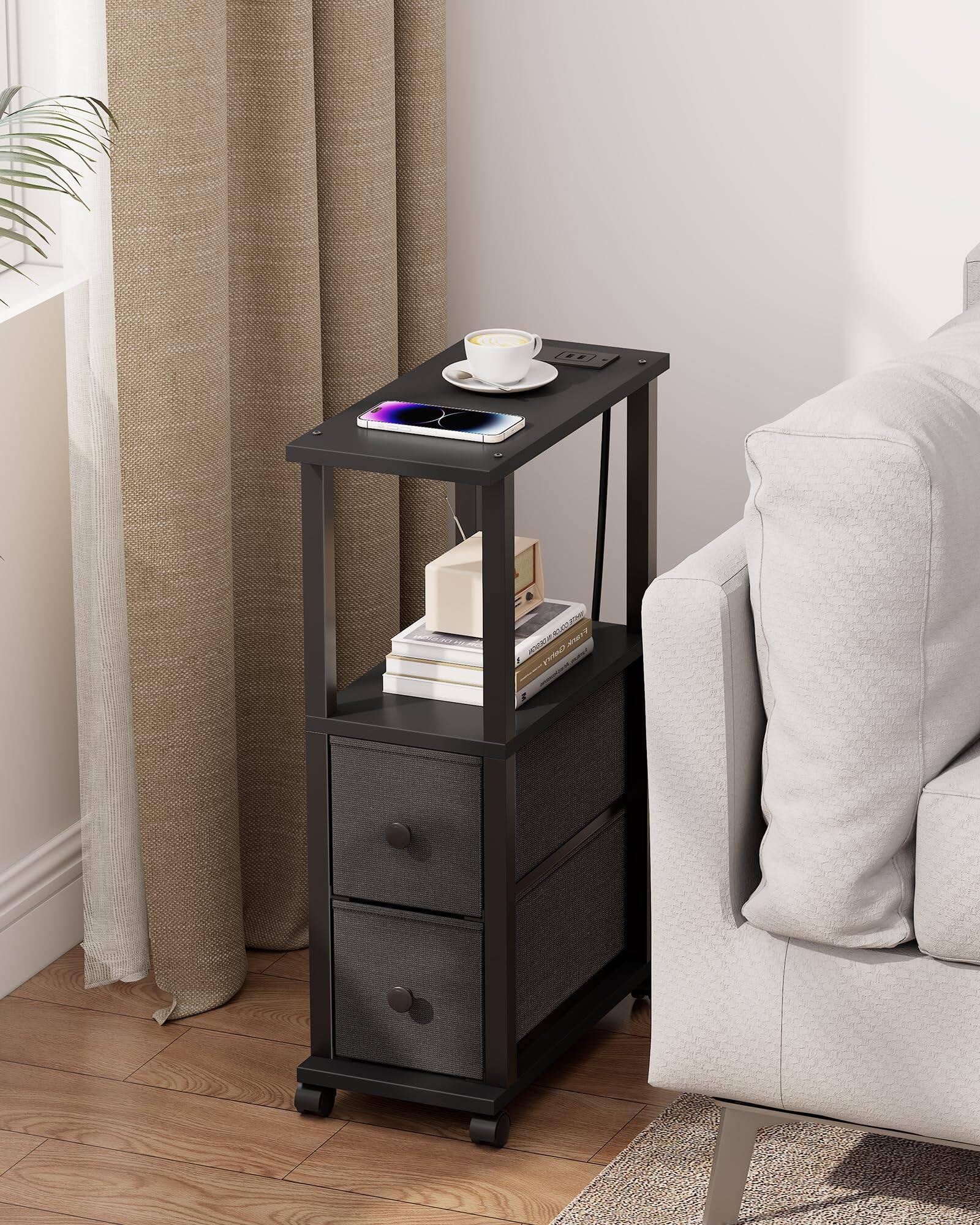 Alt View 3. PO3TICJUNKI3 - Narrow End Tables Side With 2 Fabric Drawers Set Of 2 Bedside Charging Station For Spaces Slim Nightstands ... - Brown.