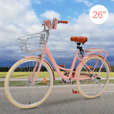 Topteng - 26" Beach Cruiser Bike for Men/Women with Cup Holder, High Carbon Steel Frame, Dual Brakes, Rear Rack and Basket - Pink Topteng - 26" Beach Cruiser Bike for Men/Women with Cup Holder, High Carbon Steel Frame, Dual Brakes, Rear Rack and Basket - Pink