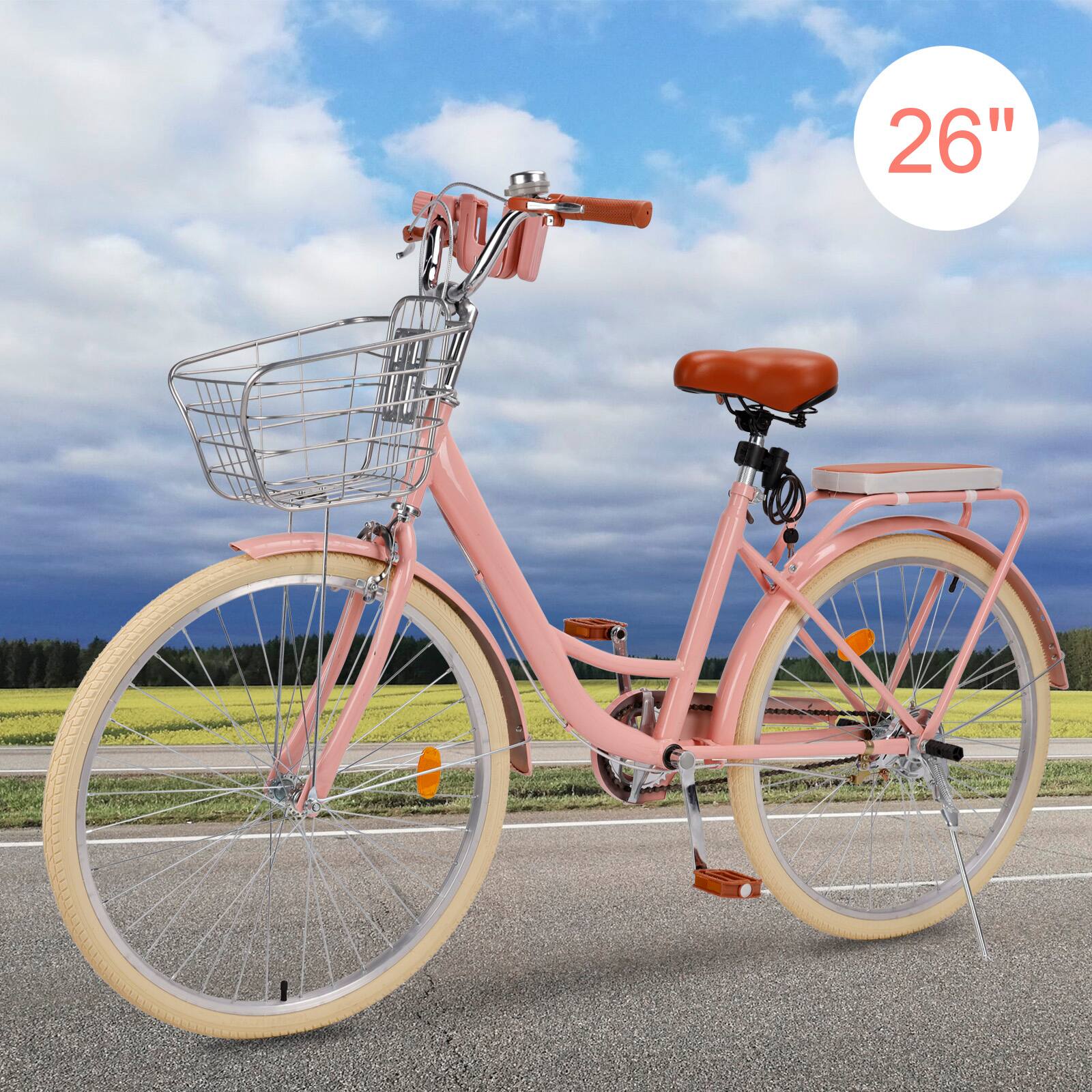 Alt View 2. Topteng - 26" Beach Cruiser Bike for Men/Women with Cup Holder, High Carbon Steel Frame, Dual Brakes, Rear Rack and Basket, Pink - Pink.