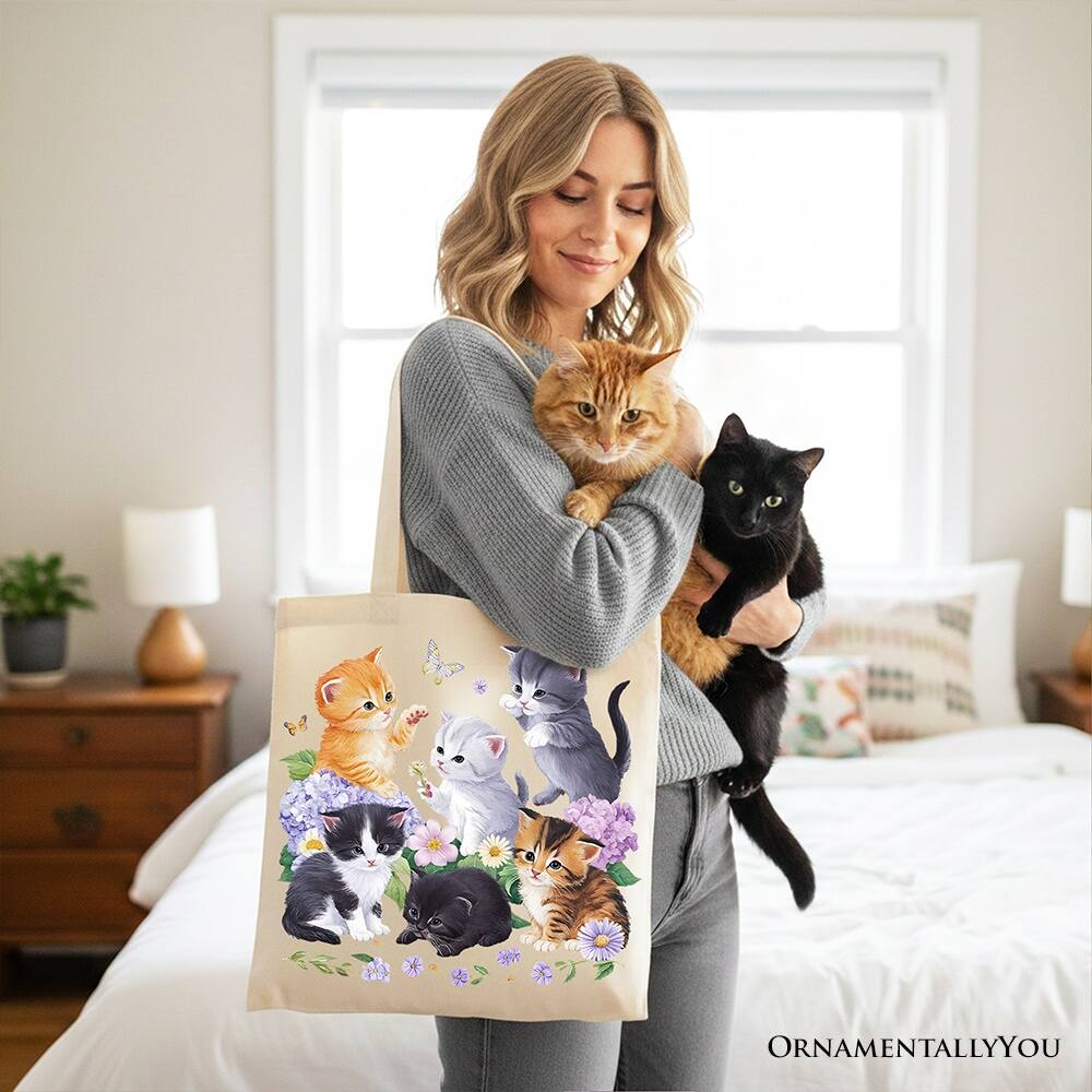 Left. OrnamentallyYou - Cute Baby Cats Wildflower Tote Bag, Cottagecore Botanical Cat Gift Shopper - Beige.