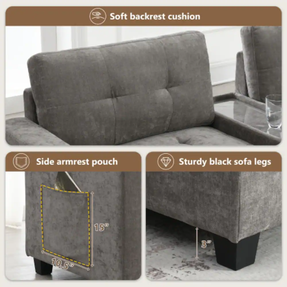 Soft backrest cushion  
Side armrest pouch  
Sturdy black sofa legs  
15" x 10.5" x 3"