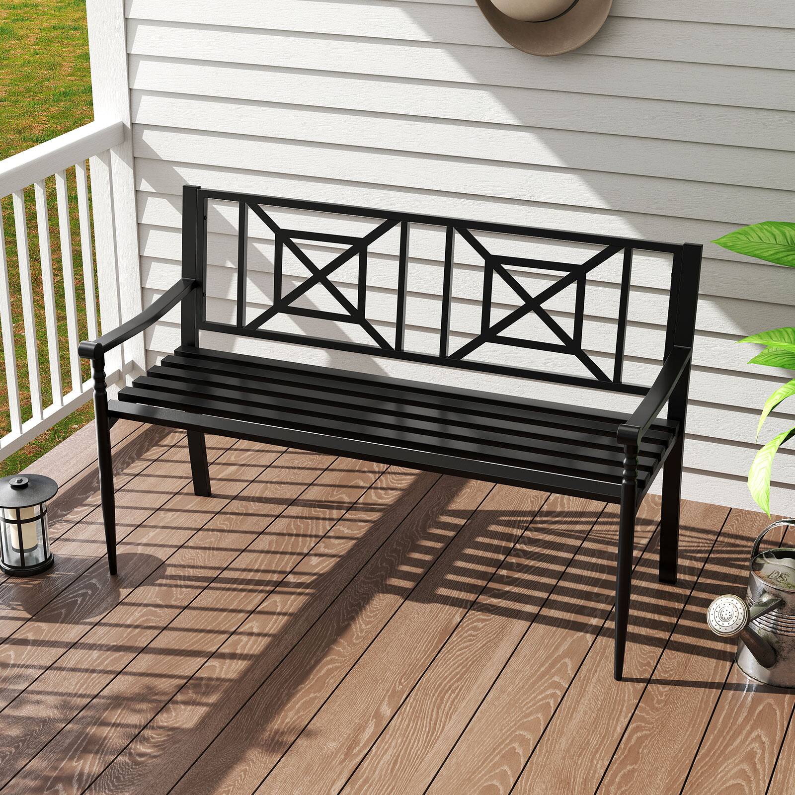 Alt View 3. Gymax - Gymax 51'' Metal Bench Slatted Garden Bench for 2-3 People Patio Park-Style Loveseat - Black.
